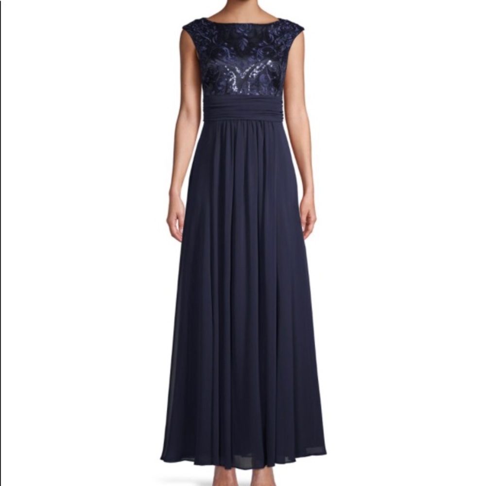 NWT Eliza J Navy Sequin Gown with Capsleeves